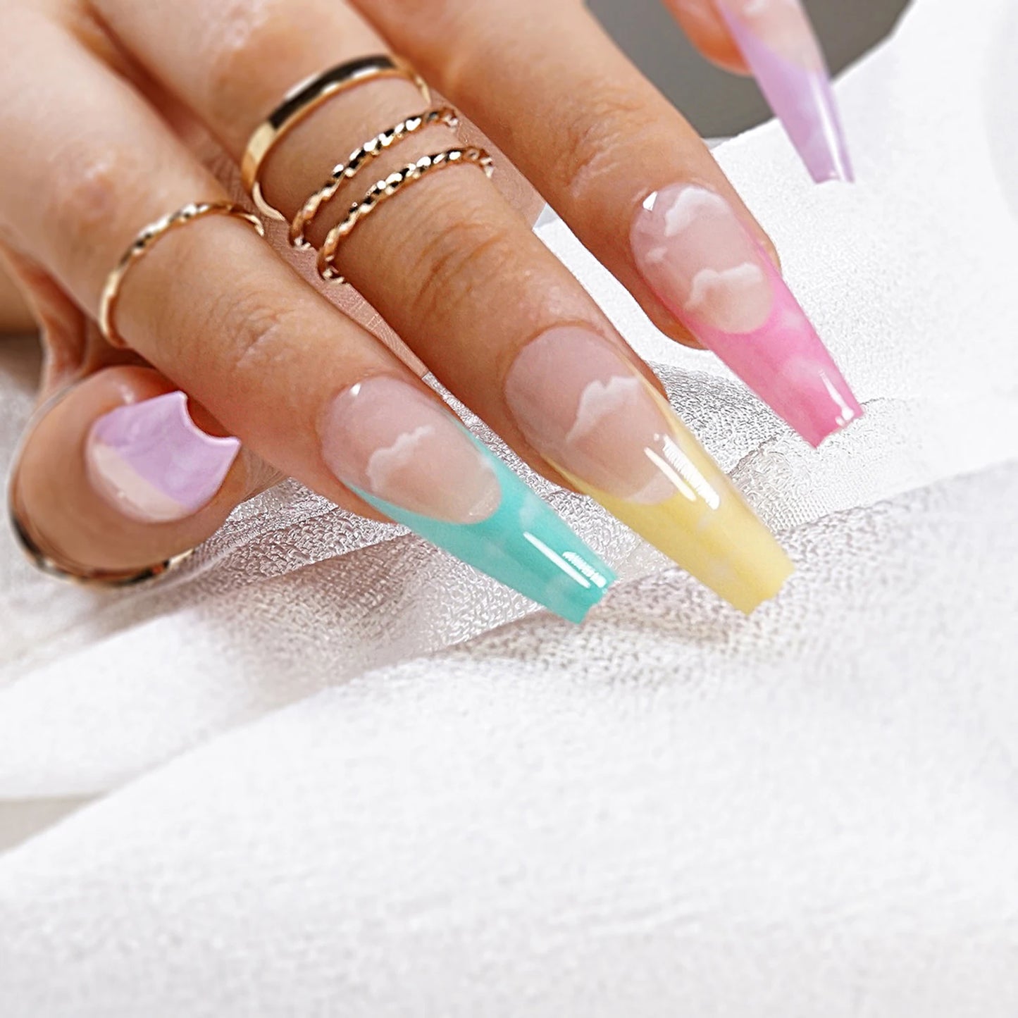 20pcs/Set Long Coffin Fake Nails Rainbow Ballerina Full Cover Nail Art Tips Beauty Artificial False Nails Manicure Charms