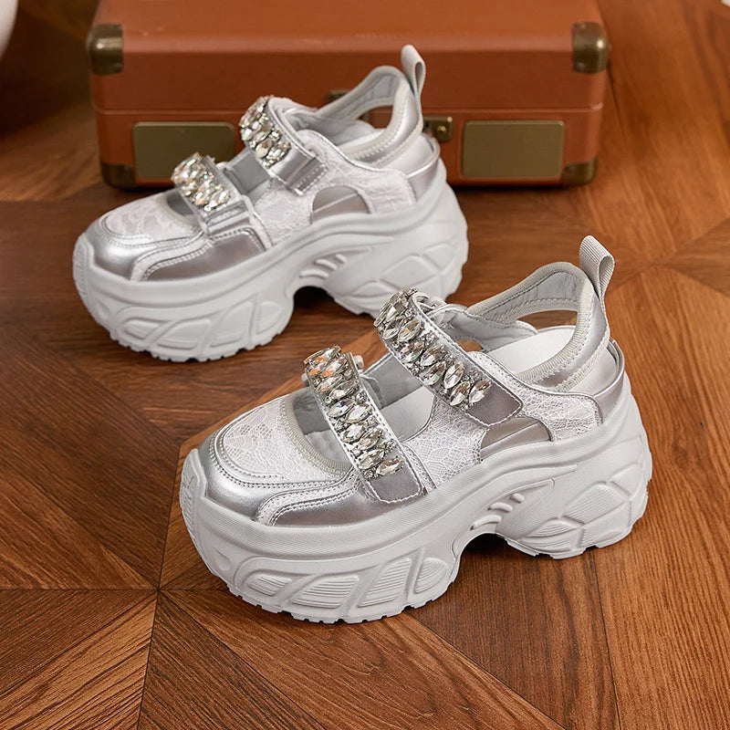 AUTUSPIN 9cm Sports Rome Sandals Women Summer Back Hollow Out Shoes High Platform Fashion Platforms Ladies Crystal Sneakers