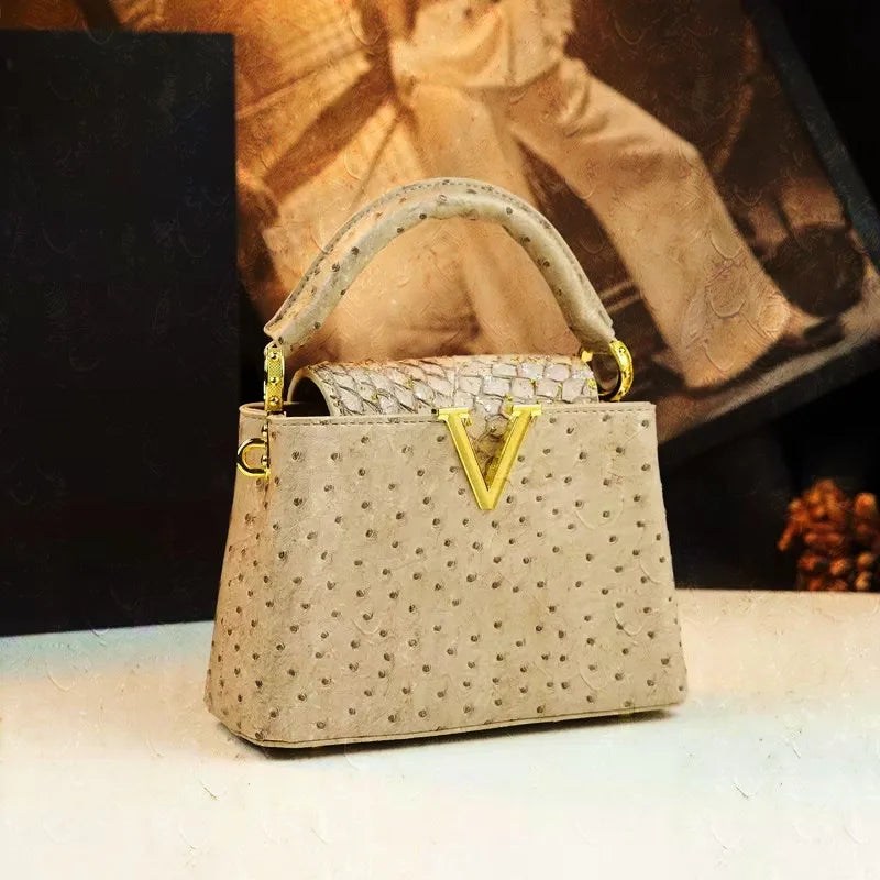 Luxury Fashion Leather Women's Handbags V Letter Small Shoulder Crossbody Bag Niche Ostrich Print Portable Messenger Shell Bags