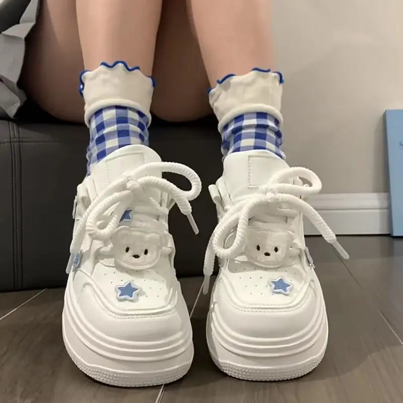 Women Kawaii Blue Platform Sneakers Korean White Shoes Spring Summer Vulcanize Cute Casual Footwear Skateboard Tennis Female