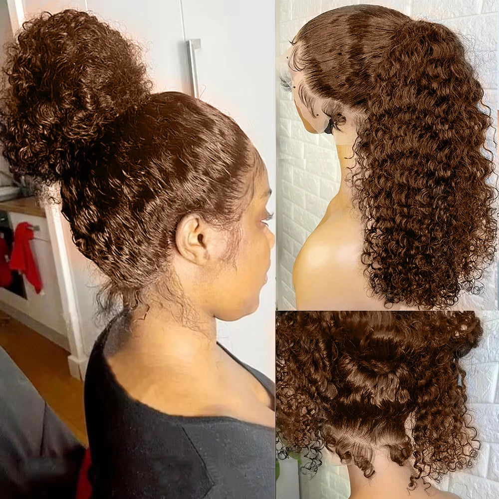 Invisi Strap 360 Full HD Lace Wig 250 Density Curly Glueless Human Hair Wig Chocolate Brown Lace Front Wig Deep Wave Frontal Wig
