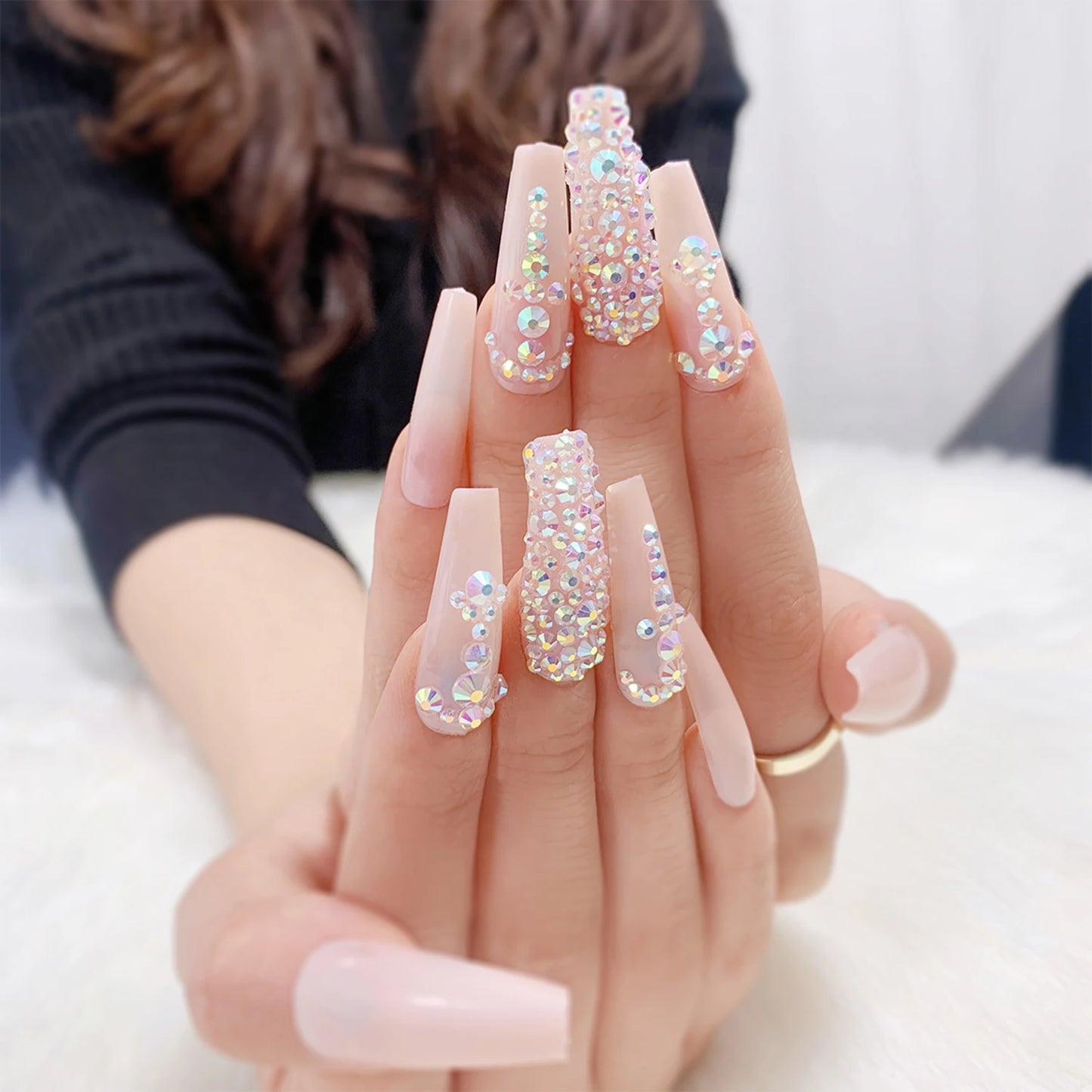 20pcs/Set Long Coffin Fake Nails Rainbow Ballerina Full Cover Nail Art Tips Beauty Artificial False Nails Manicure Charms