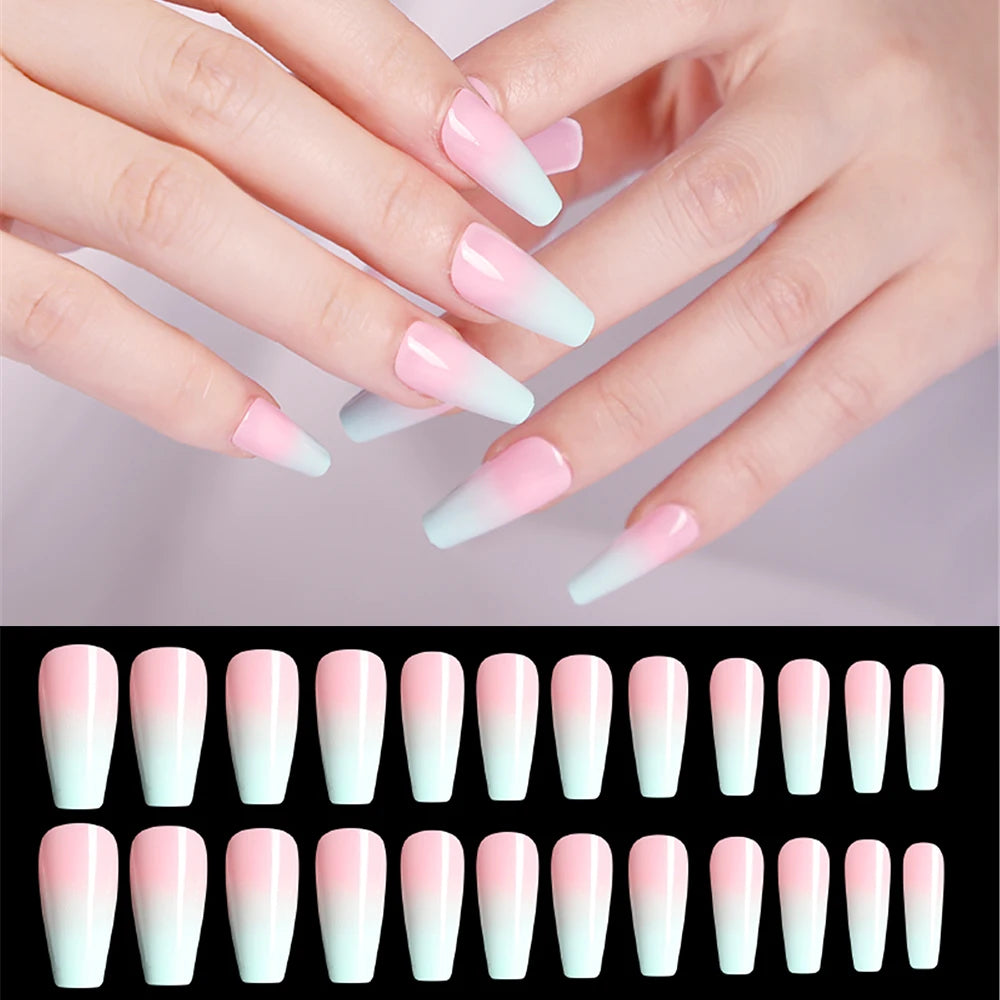 20pcs/Set Long Coffin Fake Nails Rainbow Ballerina Full Cover Nail Art Tips Beauty Artificial False Nails Manicure Charms