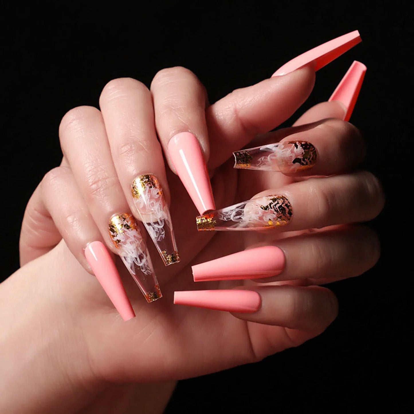 20pcs/Set Long Coffin Fake Nails Rainbow Ballerina Full Cover Nail Art Tips Beauty Artificial False Nails Manicure Charms