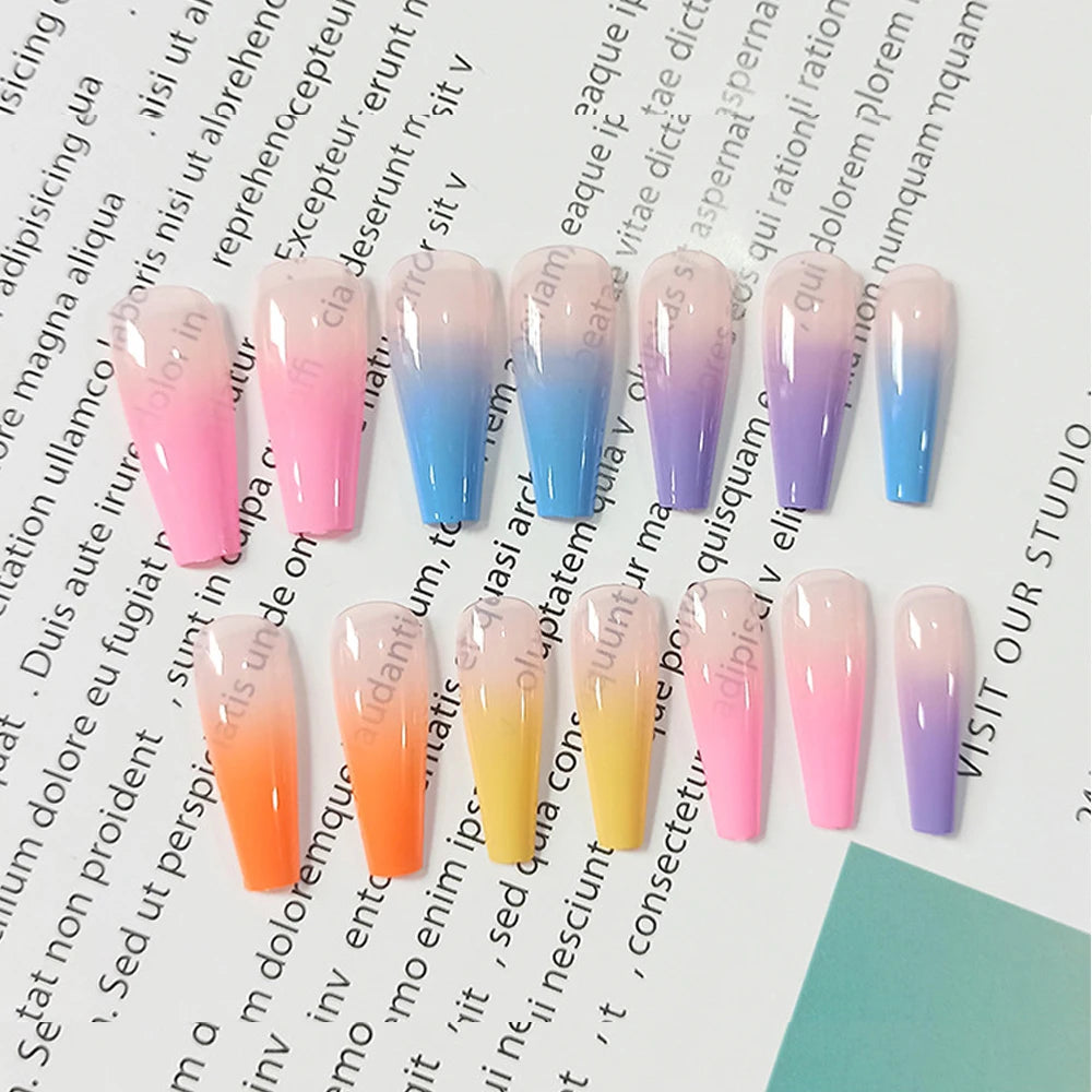 20pcs/Set Long Coffin Fake Nails Rainbow Ballerina Full Cover Nail Art Tips Beauty Artificial False Nails Manicure Charms