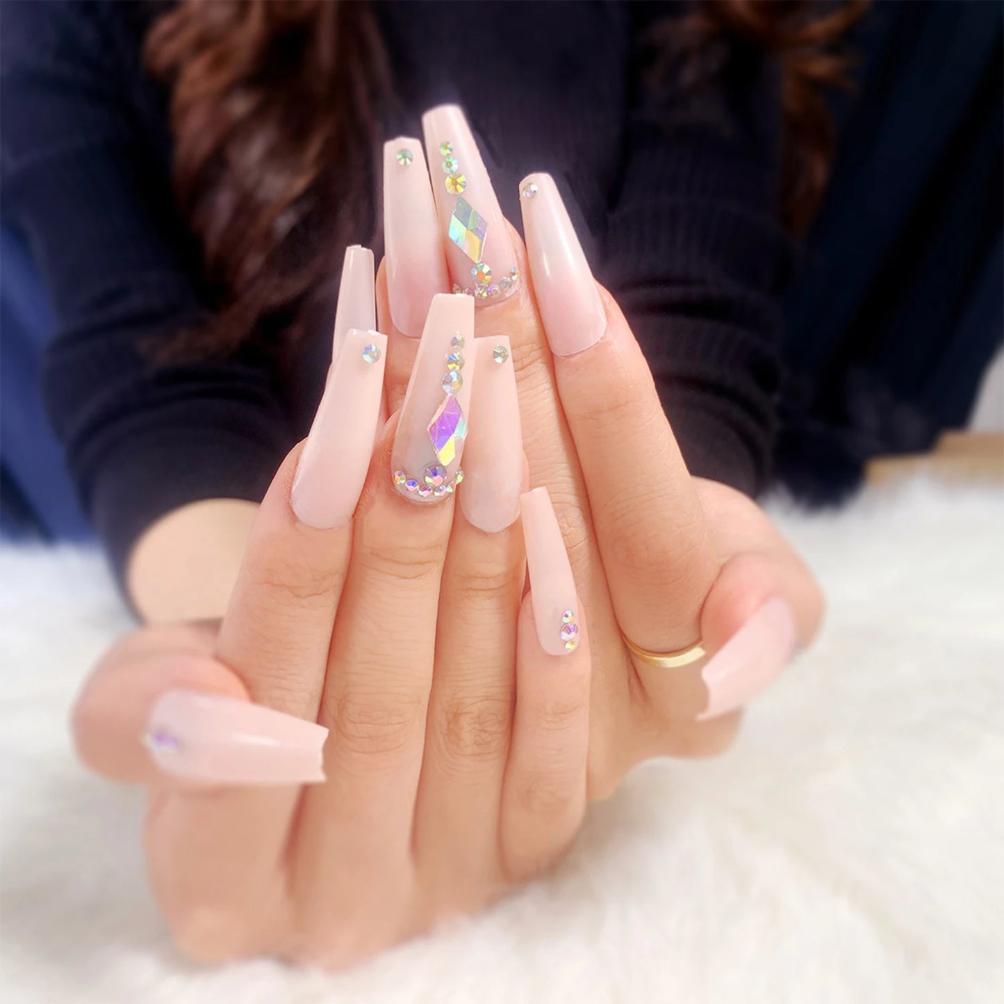 20pcs/Set Long Coffin Fake Nails Rainbow Ballerina Full Cover Nail Art Tips Beauty Artificial False Nails Manicure Charms