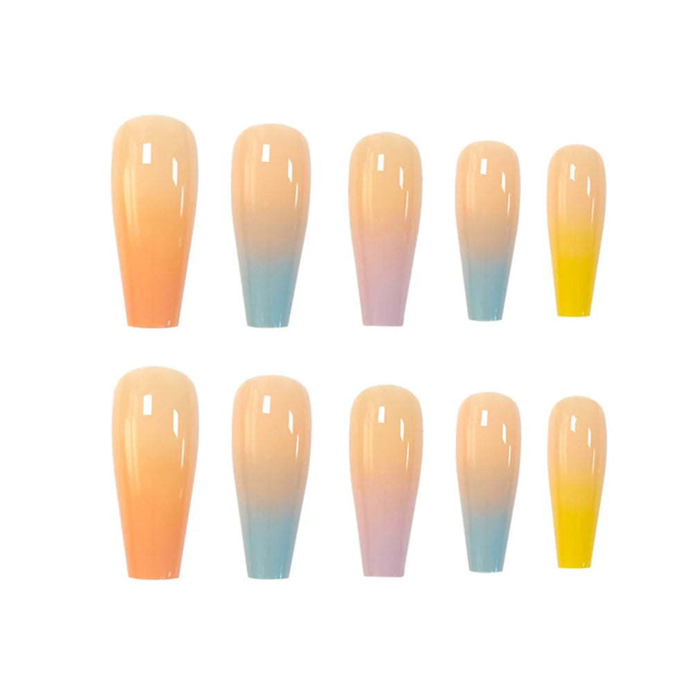 20pcs/Set Long Coffin Fake Nails Rainbow Ballerina Full Cover Nail Art Tips Beauty Artificial False Nails Manicure Charms