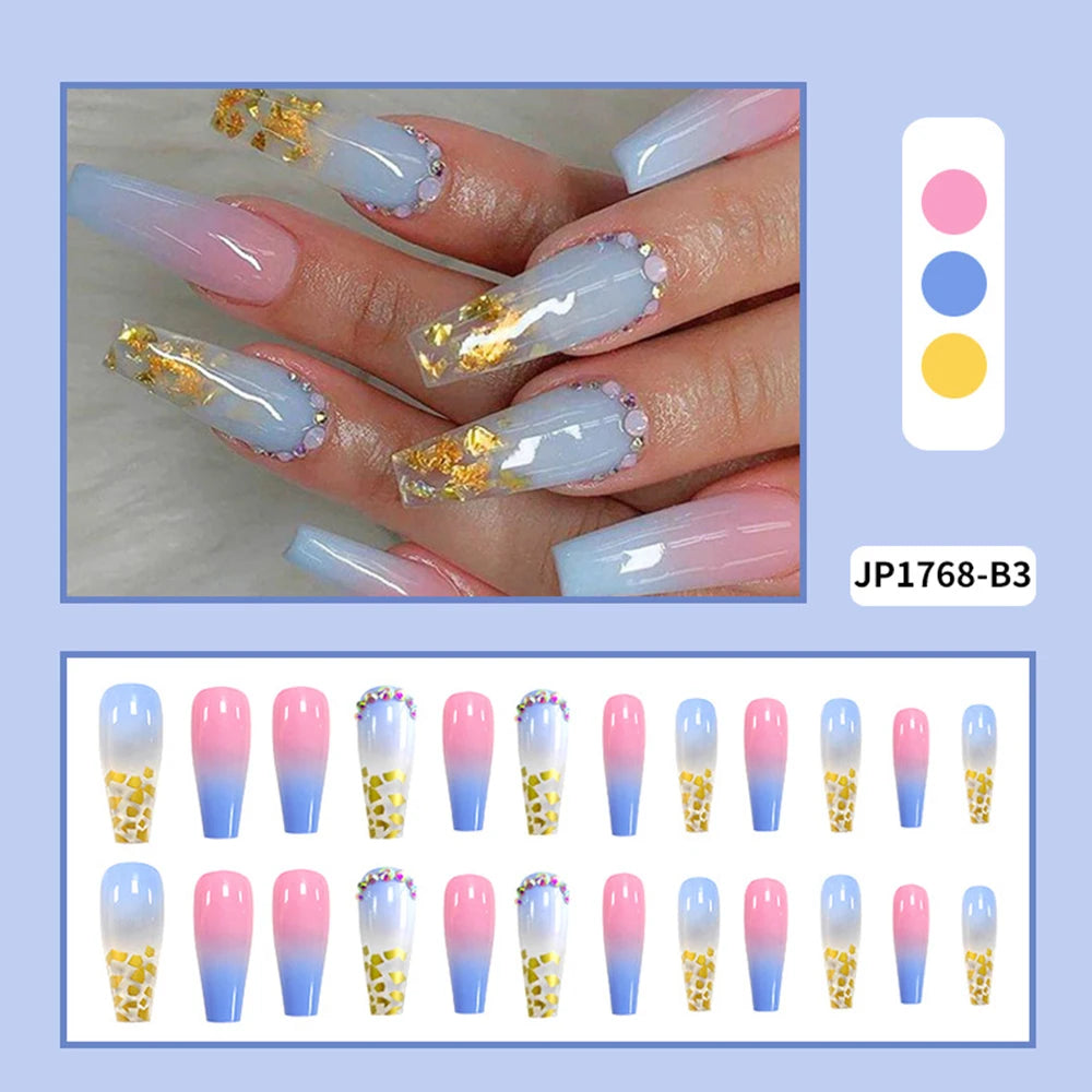 20pcs/Set Long Coffin Fake Nails Rainbow Ballerina Full Cover Nail Art Tips Beauty Artificial False Nails Manicure Charms