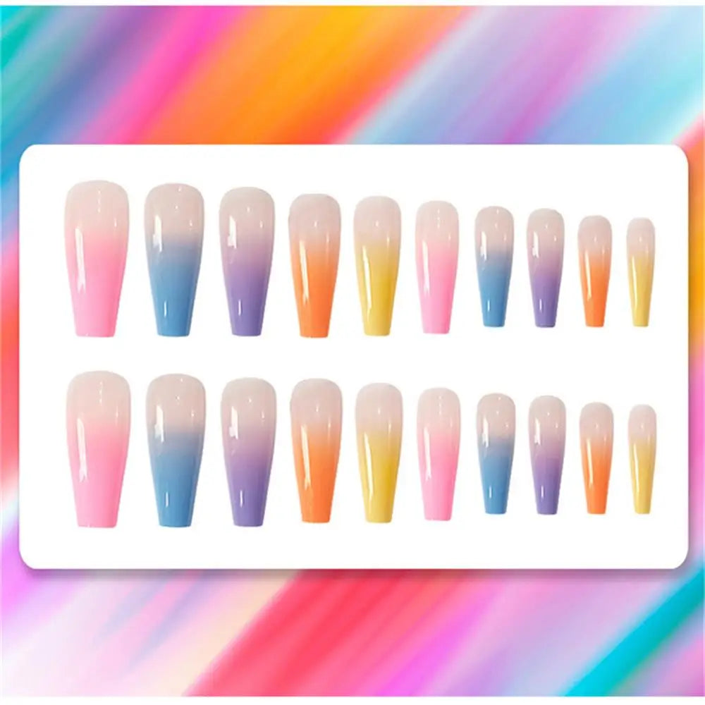 20pcs/Set Long Coffin Fake Nails Rainbow Ballerina Full Cover Nail Art Tips Beauty Artificial False Nails Manicure Charms
