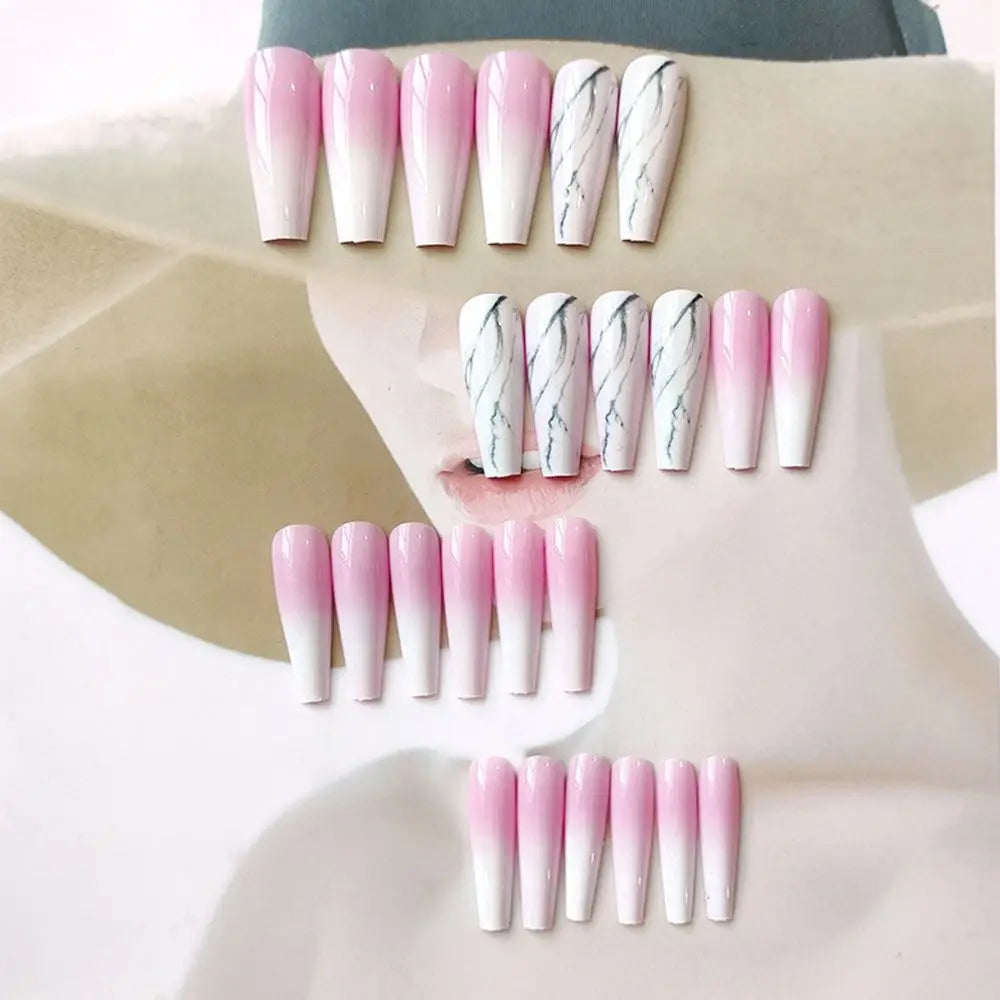 20pcs/Set Long Coffin Fake Nails Rainbow Ballerina Full Cover Nail Art Tips Beauty Artificial False Nails Manicure Charms