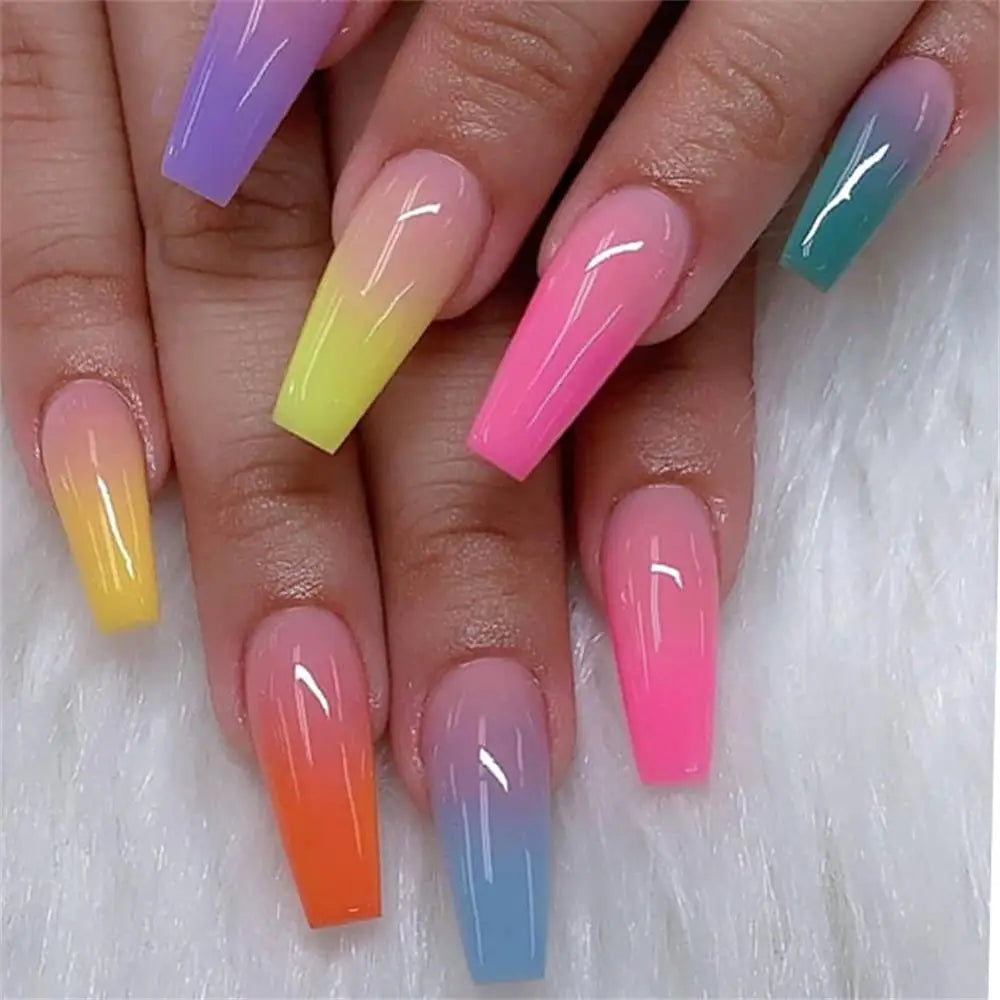 20pcs/Set Long Coffin Fake Nails Rainbow Ballerina Full Cover Nail Art Tips Beauty Artificial False Nails Manicure Charms