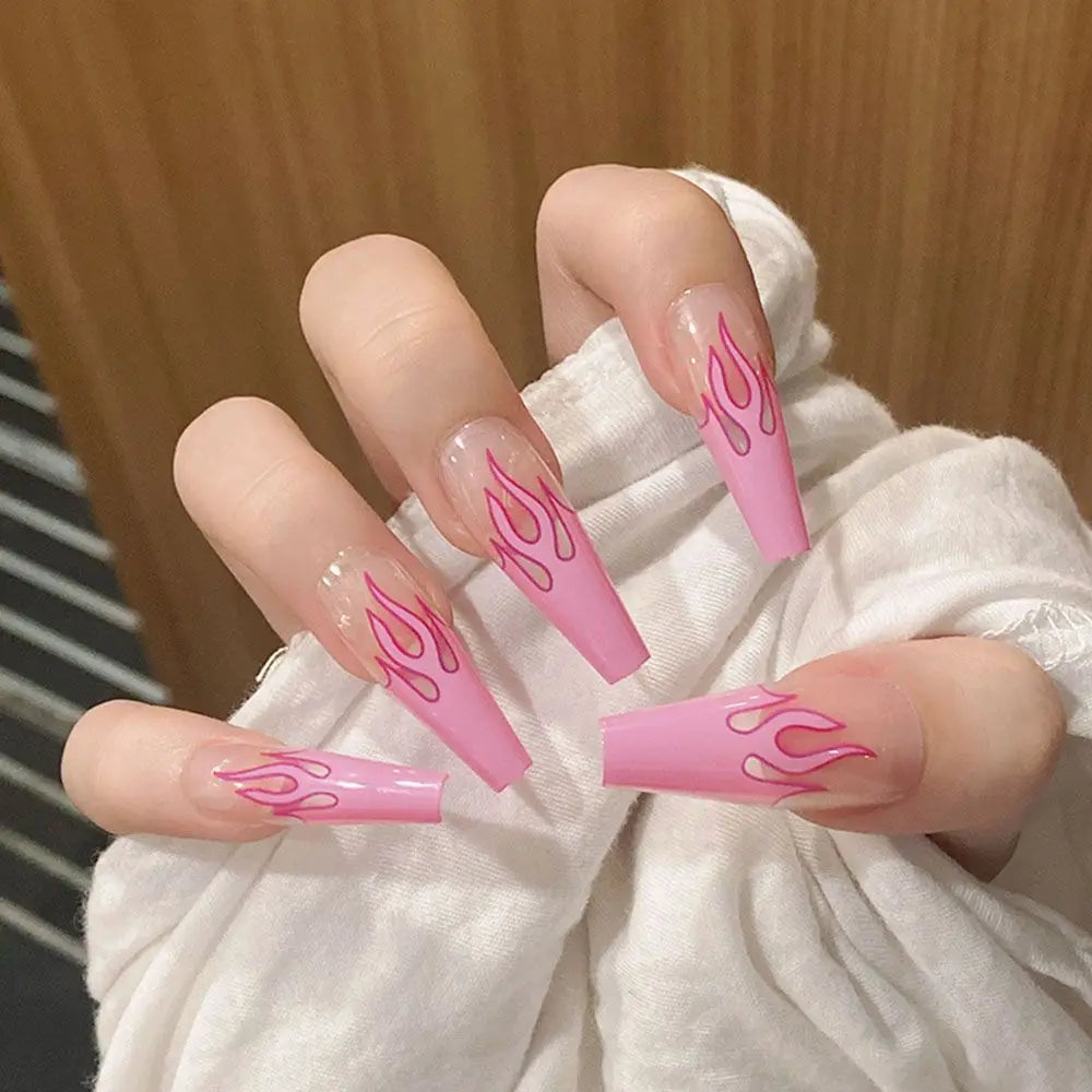 20pcs/Set Long Coffin Fake Nails Rainbow Ballerina Full Cover Nail Art Tips Beauty Artificial False Nails Manicure Charms