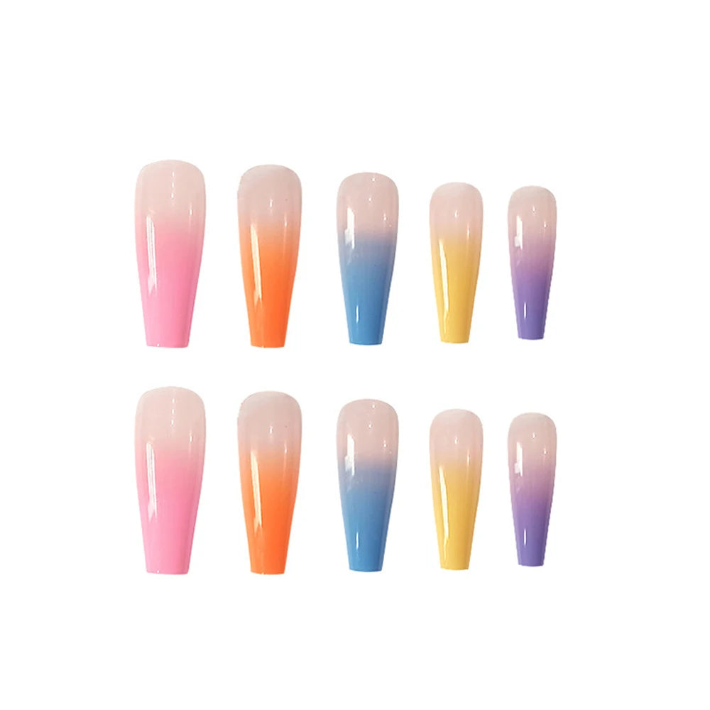 20pcs/Set Long Coffin Fake Nails Rainbow Ballerina Full Cover Nail Art Tips Beauty Artificial False Nails Manicure Charms