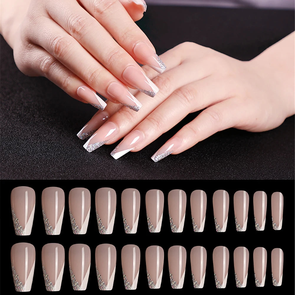20pcs/Set Long Coffin Fake Nails Rainbow Ballerina Full Cover Nail Art Tips Beauty Artificial False Nails Manicure Charms