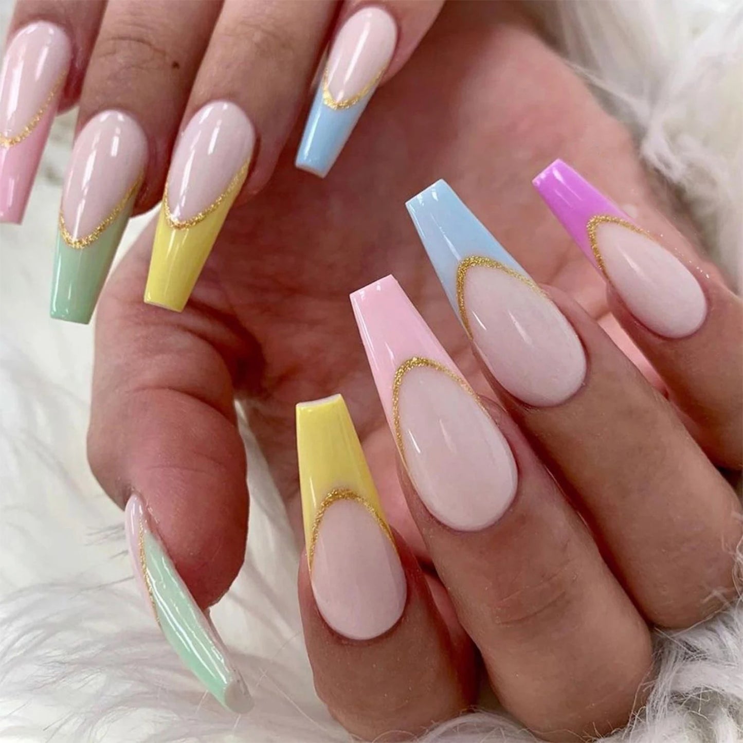 20pcs/Set Long Coffin Fake Nails Rainbow Ballerina Full Cover Nail Art Tips Beauty Artificial False Nails Manicure Charms