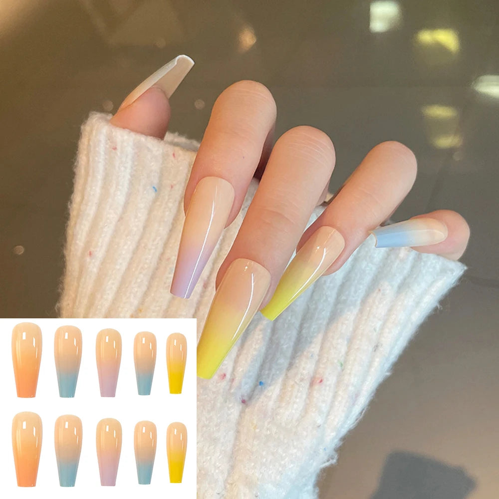 20pcs/Set Long Coffin Fake Nails Rainbow Ballerina Full Cover Nail Art Tips Beauty Artificial False Nails Manicure Charms