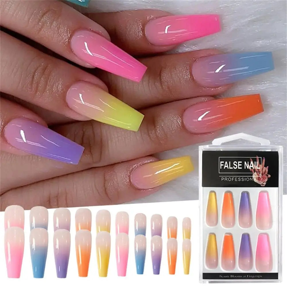 20pcs/Set Long Coffin Fake Nails Rainbow Ballerina Full Cover Nail Art Tips Beauty Artificial False Nails Manicure Charms