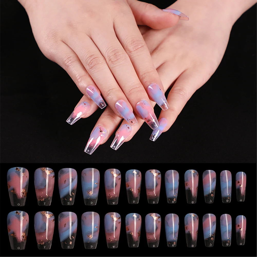 20pcs/Set Long Coffin Fake Nails Rainbow Ballerina Full Cover Nail Art Tips Beauty Artificial False Nails Manicure Charms