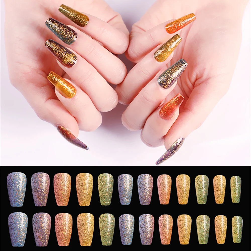 20pcs/Set Long Coffin Fake Nails Rainbow Ballerina Full Cover Nail Art Tips Beauty Artificial False Nails Manicure Charms