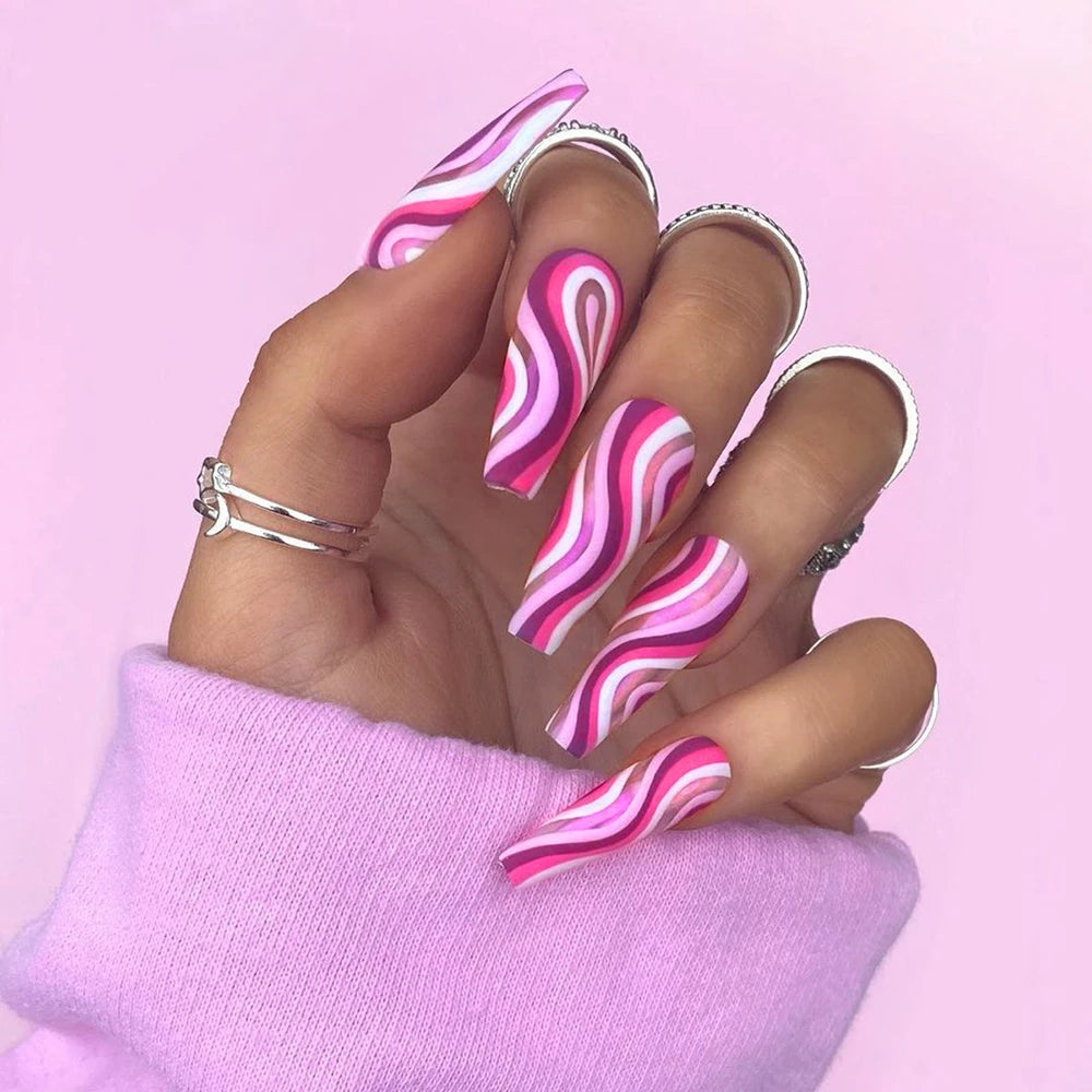 20pcs/Set Long Coffin Fake Nails Rainbow Ballerina Full Cover Nail Art Tips Beauty Artificial False Nails Manicure Charms