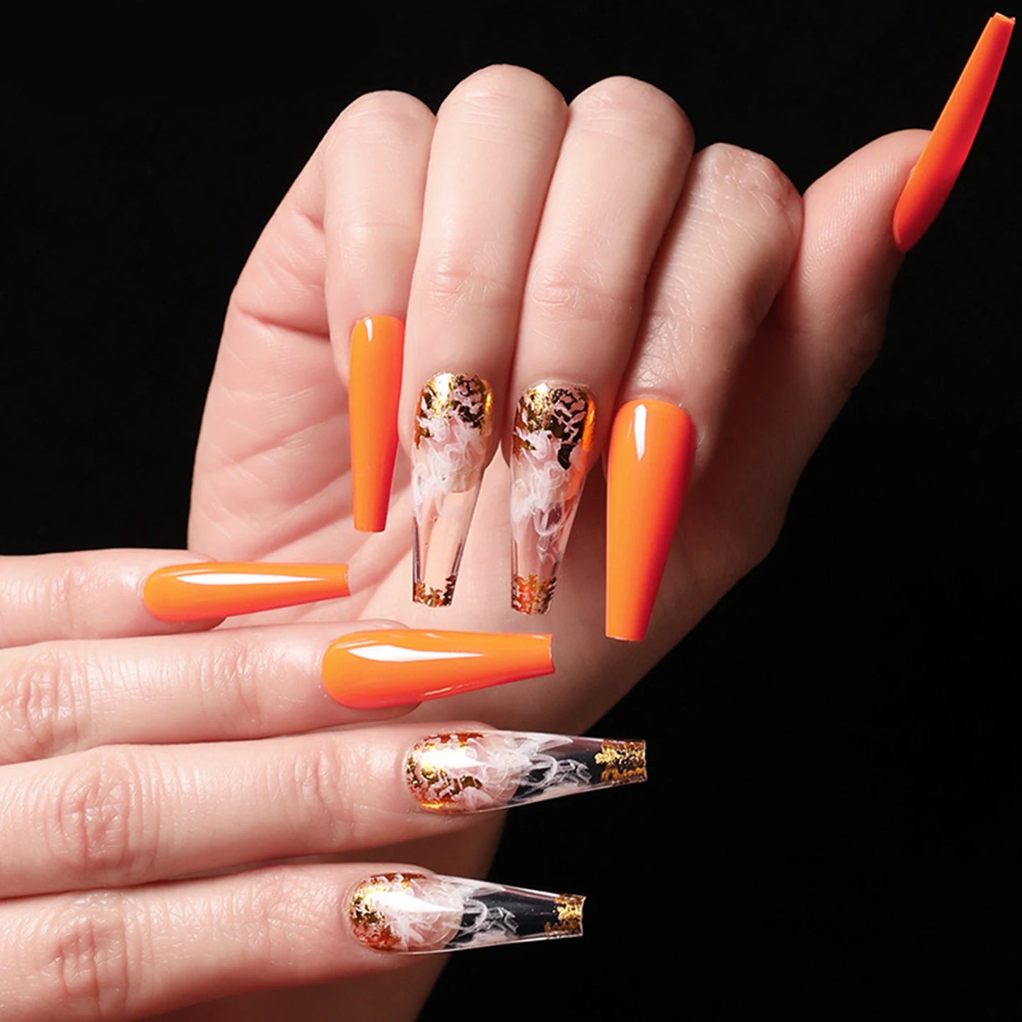 20pcs/Set Long Coffin Fake Nails Rainbow Ballerina Full Cover Nail Art Tips Beauty Artificial False Nails Manicure Charms