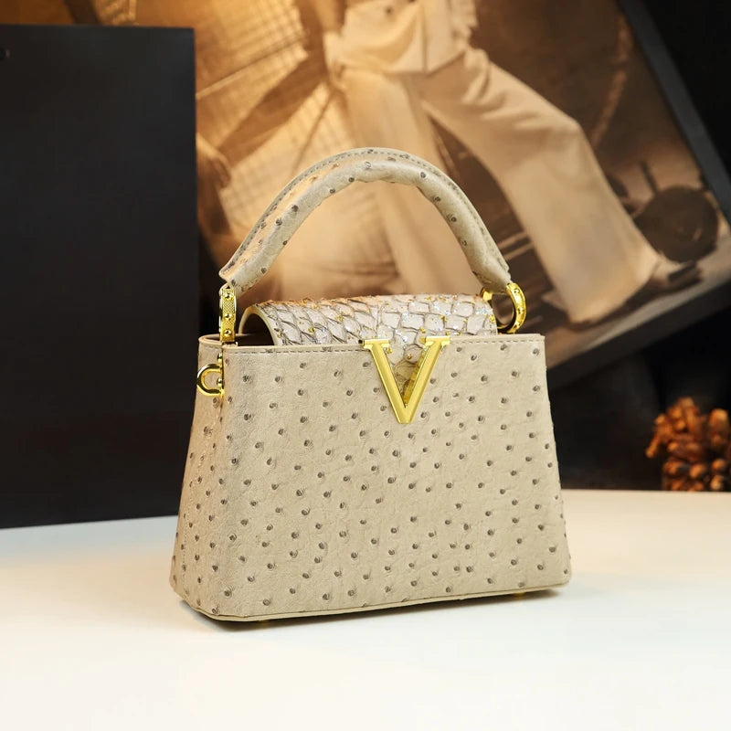 Luxury Fashion Leather Women's Handbags V Letter Small Shoulder Crossbody Bag Niche Ostrich Print Portable Messenger Shell Bags