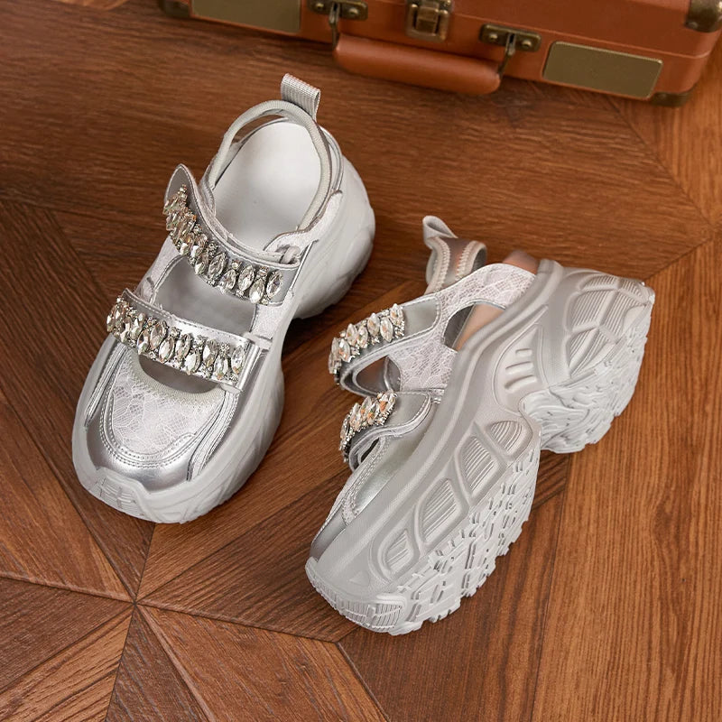 AUTUSPIN 9cm Sports Rome Sandals Women Summer Back Hollow Out Shoes High Platform Fashion Platforms Ladies Crystal Sneakers