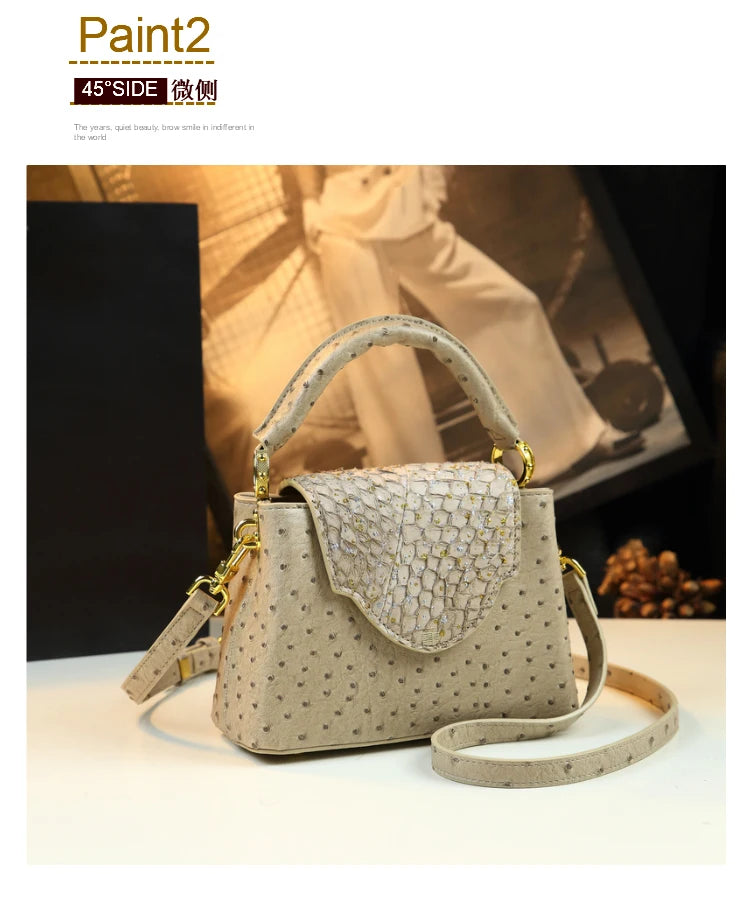 Luxury Fashion Leather Women's Handbags V Letter Small Shoulder Crossbody Bag Niche Ostrich Print Portable Messenger Shell Bags