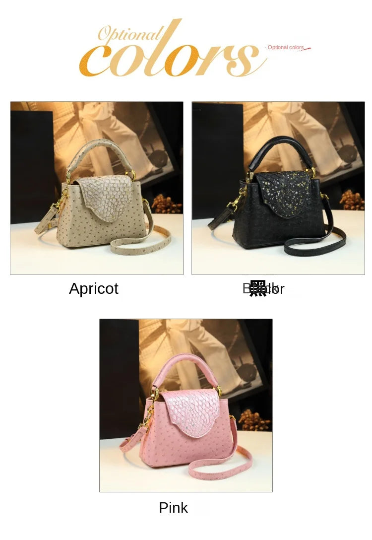 Luxury Fashion Leather Women's Handbags V Letter Small Shoulder Crossbody Bag Niche Ostrich Print Portable Messenger Shell Bags