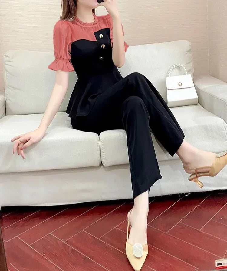 Sexy Professional Women's Top and Pants Two Piece Set Summer 2024 Wear To Work Party Black Office Ladies Trouser Clothes Bottom