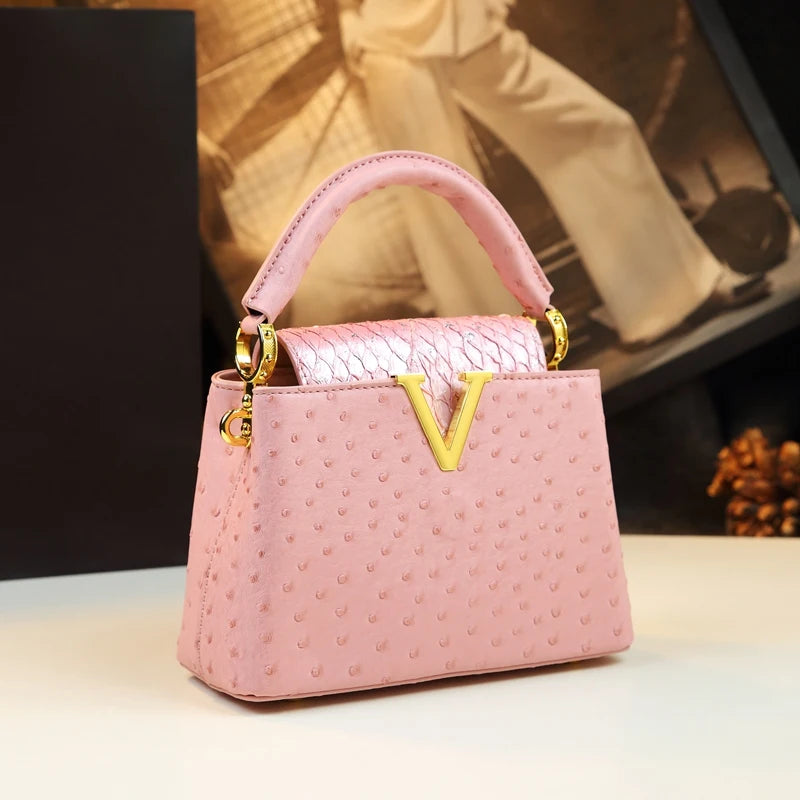 Luxury Fashion Leather Women's Handbags V Letter Small Shoulder Crossbody Bag Niche Ostrich Print Portable Messenger Shell Bags