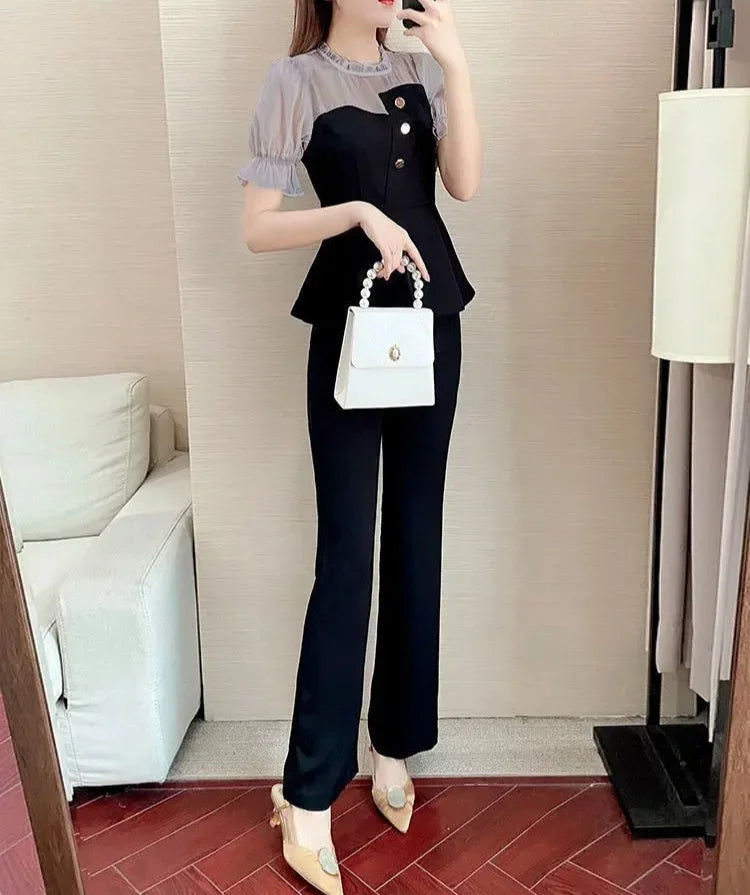 Sexy Professional Women's Top and Pants Two Piece Set Summer 2024 Wear To Work Party Black Office Ladies Trouser Clothes Bottom