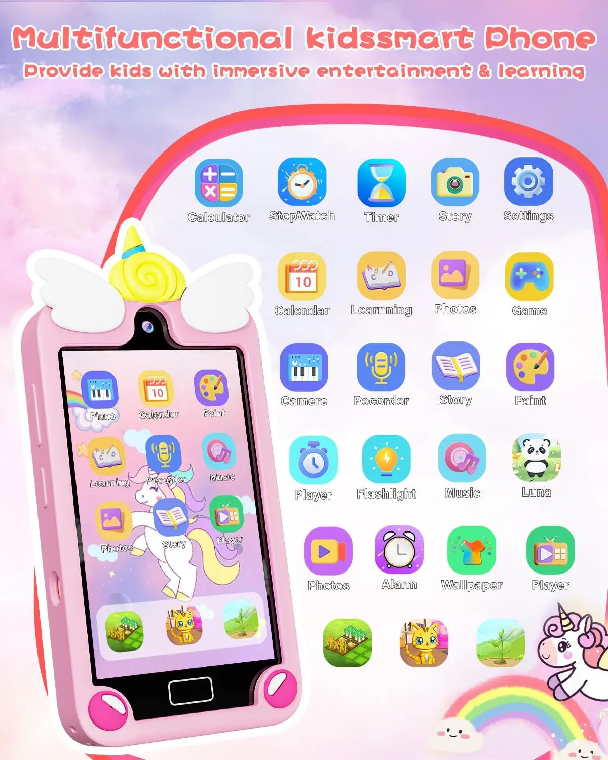 Kids Smart Phone for Girls with 4.0" Large Touchscreen, 32G Card Gifts for Kid Toys, Toddler Learning Toy, Dual Lens(Pink)
