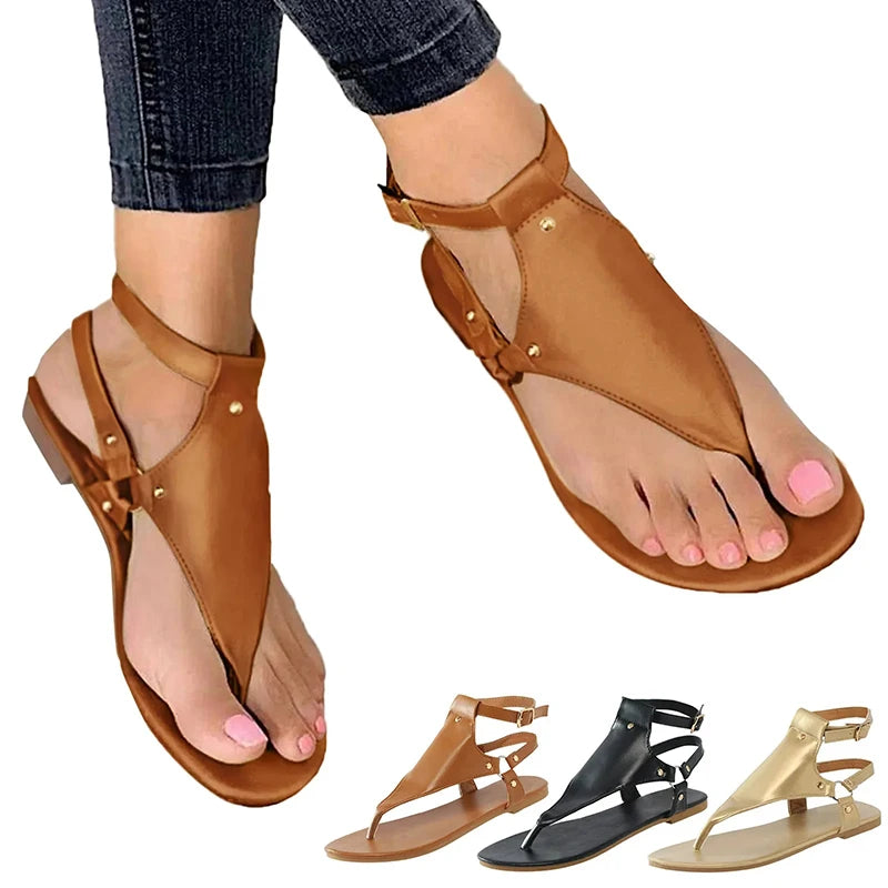 Summer Women Sandals Flats Slippers Pu Leather Flip Flops Belt Buckle Female Shoes Roman Fashion Women's Sandals Zapatos Mujer
