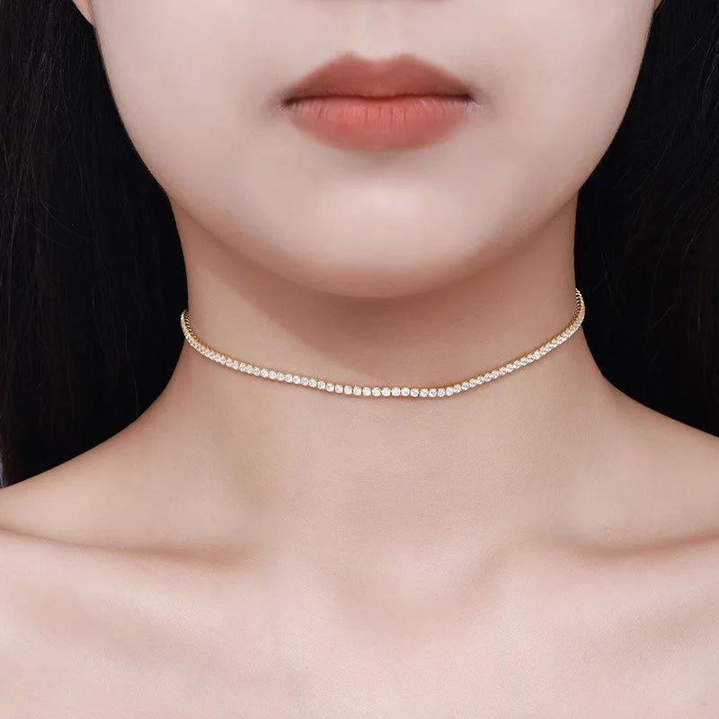 2mm Moissanite Tennis Necklace For Women S925 Silver Plated 18K Gold Sparking Rhinestone Choker Chain Wedding Jewelry Adjustable