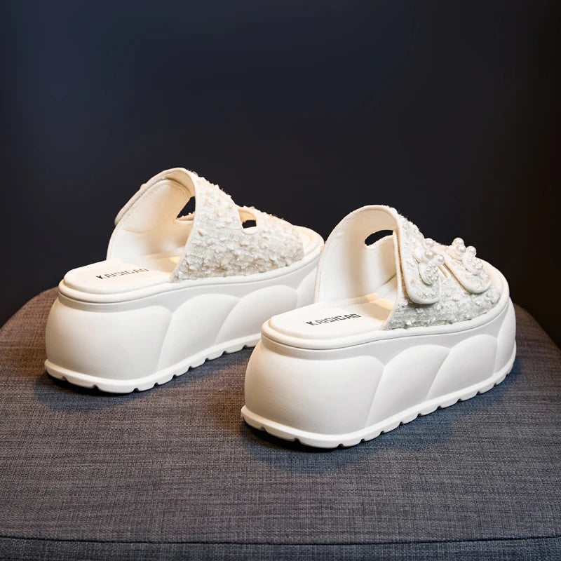 AUTUSPIN 7cm Women Sandals Summer Fashion Wedges Platofrms Shoes Leisure Slides Female Beads Decoration Slippers Size 34-39