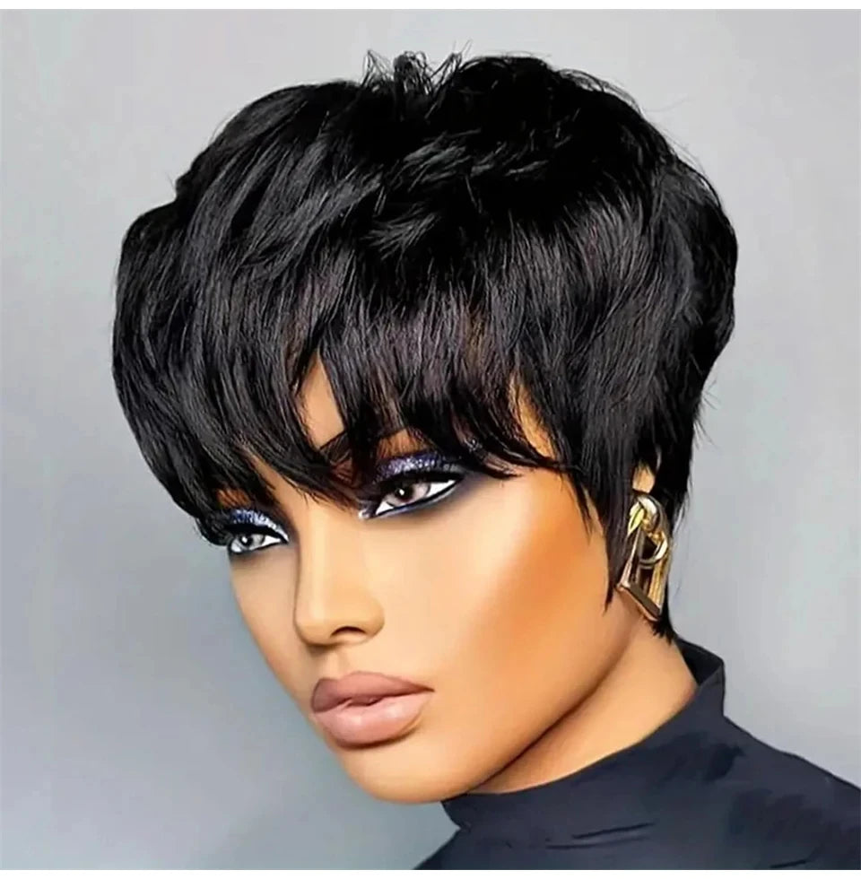 Natural Black/99j/Brown Color 6inch 250% Density Remy Hair Wig Machine Made Pixie Cut Short Straight Human Hair Wig For Women