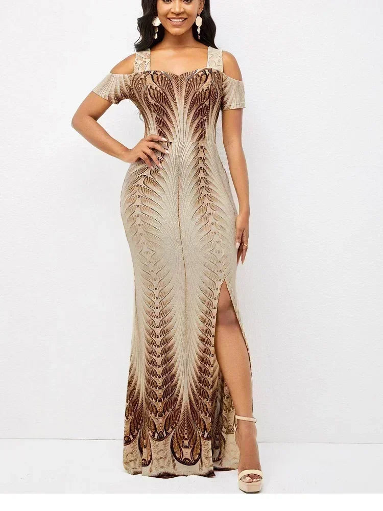 Dresses Women Off the Shoulder Short Sleeve Sexy Slit Maxi Dress Classy Elegant Flower Party Dress Stretch & Spandex