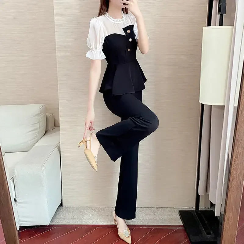 Sexy Professional Women's Top and Pants Two Piece Set Summer 2024 Wear To Work Party Black Office Ladies Trouser Clothes Bottom