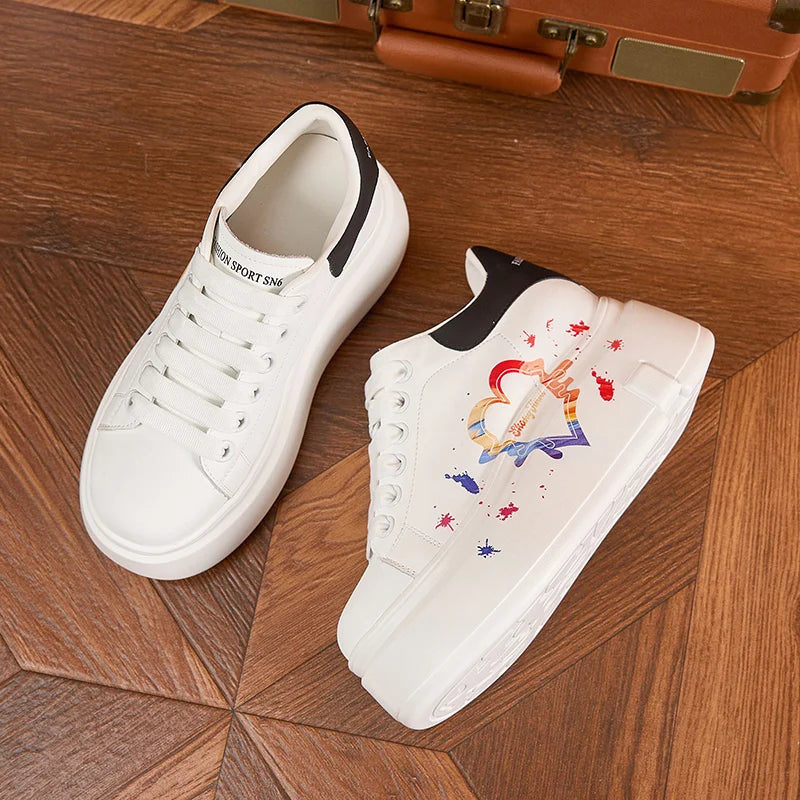 AUTUSPIN White Skateboard Shoes for Women 2025 Fashion Thick Soled Ladies Casual Leather Shoes Outdoor Tide Vulcanized Sneakers