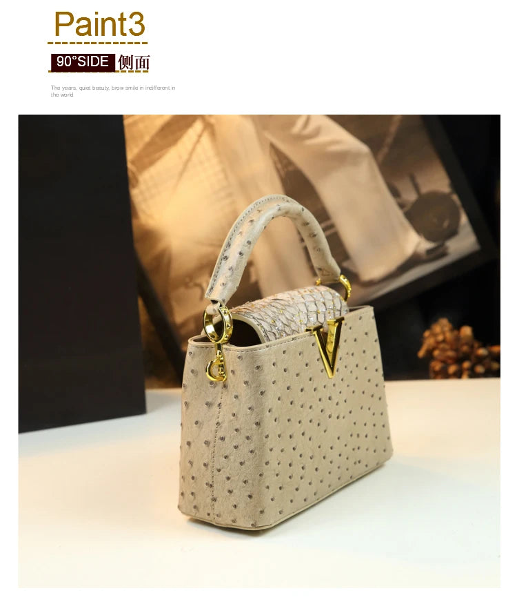 Luxury Fashion Leather Women's Handbags V Letter Small Shoulder Crossbody Bag Niche Ostrich Print Portable Messenger Shell Bags