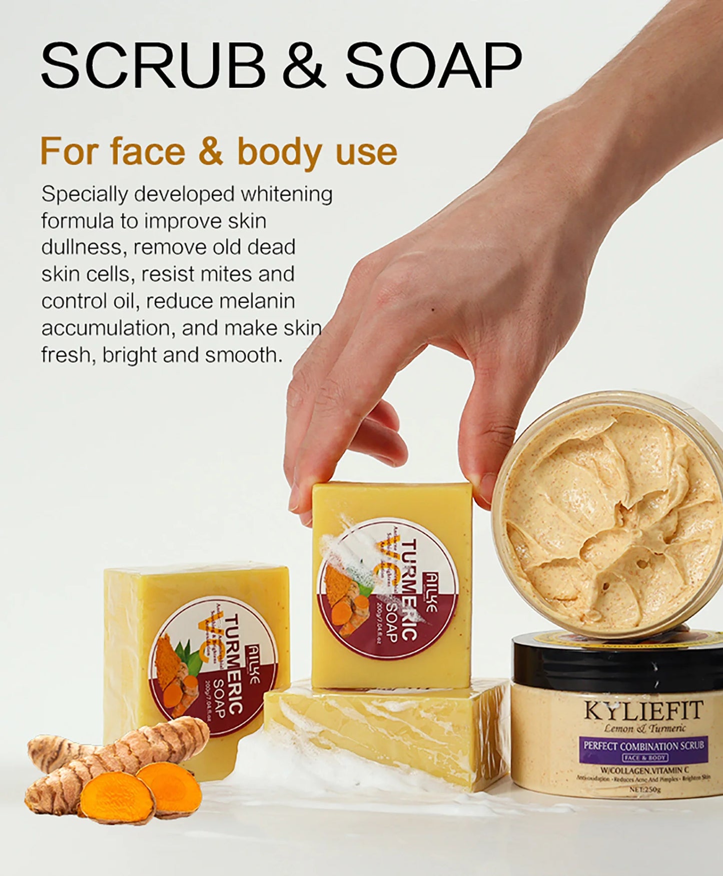 Organic Turmeric Skin Care Kit, Brighten, Remove Darkness, Lighten, Hydration, Exfoliate, Even Skin Tone, for Private Label