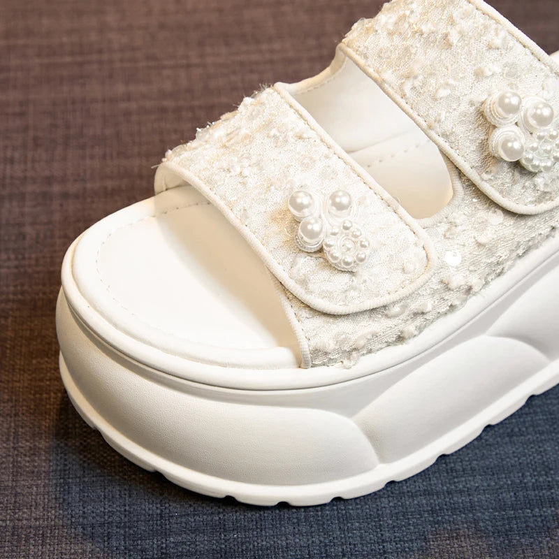 AUTUSPIN 7cm Women Sandals Summer Fashion Wedges Platofrms Shoes Leisure Slides Female Beads Decoration Slippers Size 34-39