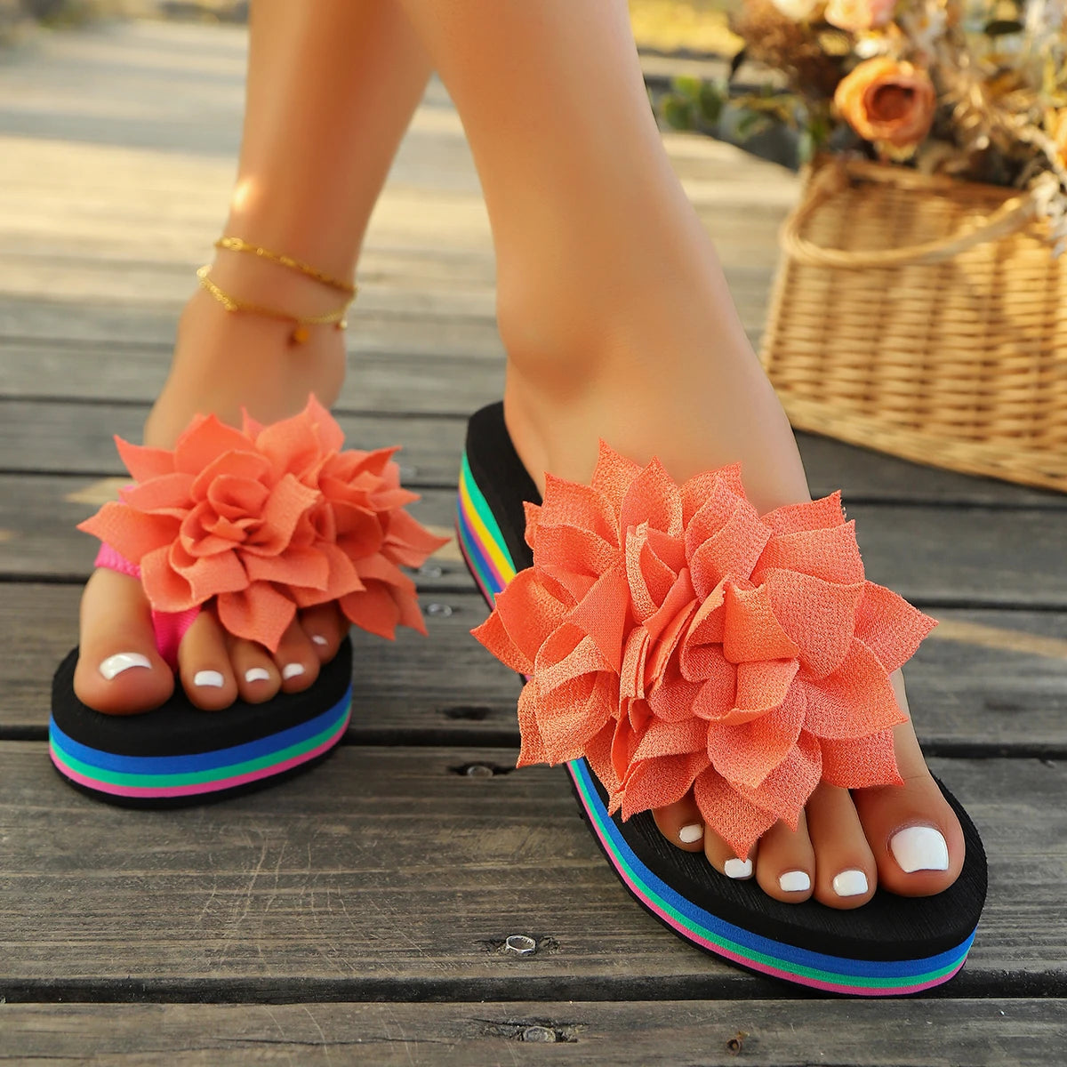 Big Flower Decor Wedge Flip Flops Women 2025 Summer Rainbow Thick Bottom Beach Slippers Woman Light Non Slip Platform Sandals
