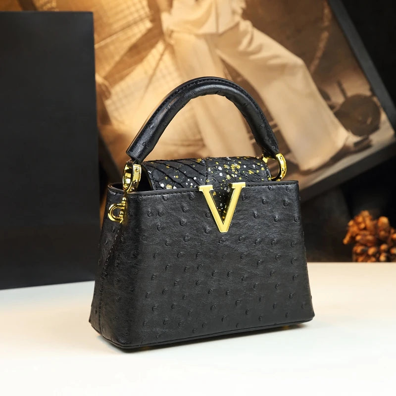 Luxury Fashion Leather Women's Handbags V Letter Small Shoulder Crossbody Bag Niche Ostrich Print Portable Messenger Shell Bags