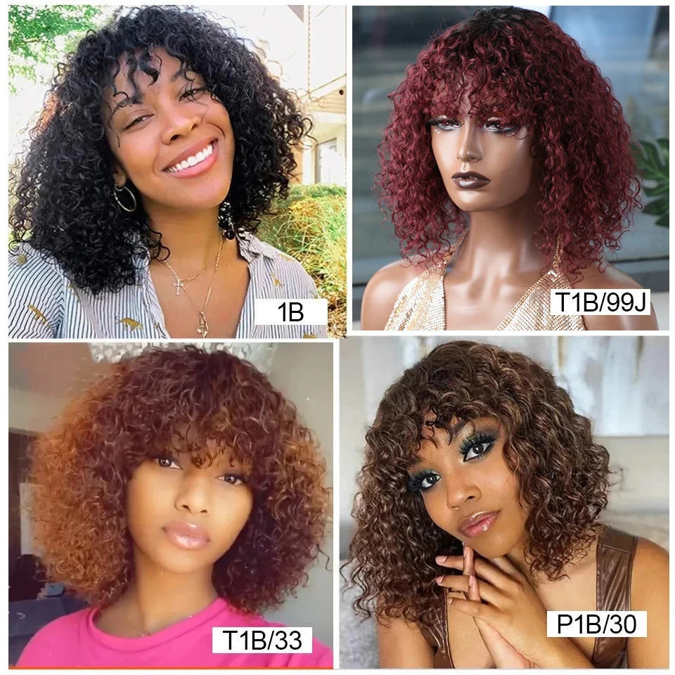 200% Density Jerry Curl Short Pixie Cut Bob Wig Ombre 1B/33 Brazilian Human Hair Wigs With Bang Natual Black Red 99J Remy Hair