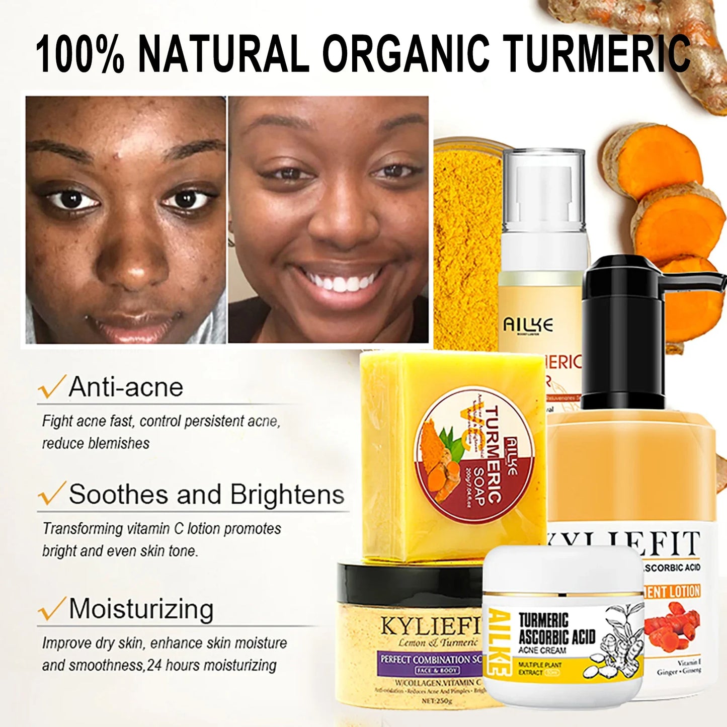 Organic Turmeric Skin Care Kit, Brighten, Remove Darkness, Lighten, Hydration, Exfoliate, Even Skin Tone, for Private Label