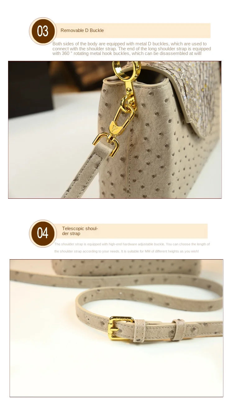 Luxury Fashion Leather Women's Handbags V Letter Small Shoulder Crossbody Bag Niche Ostrich Print Portable Messenger Shell Bags