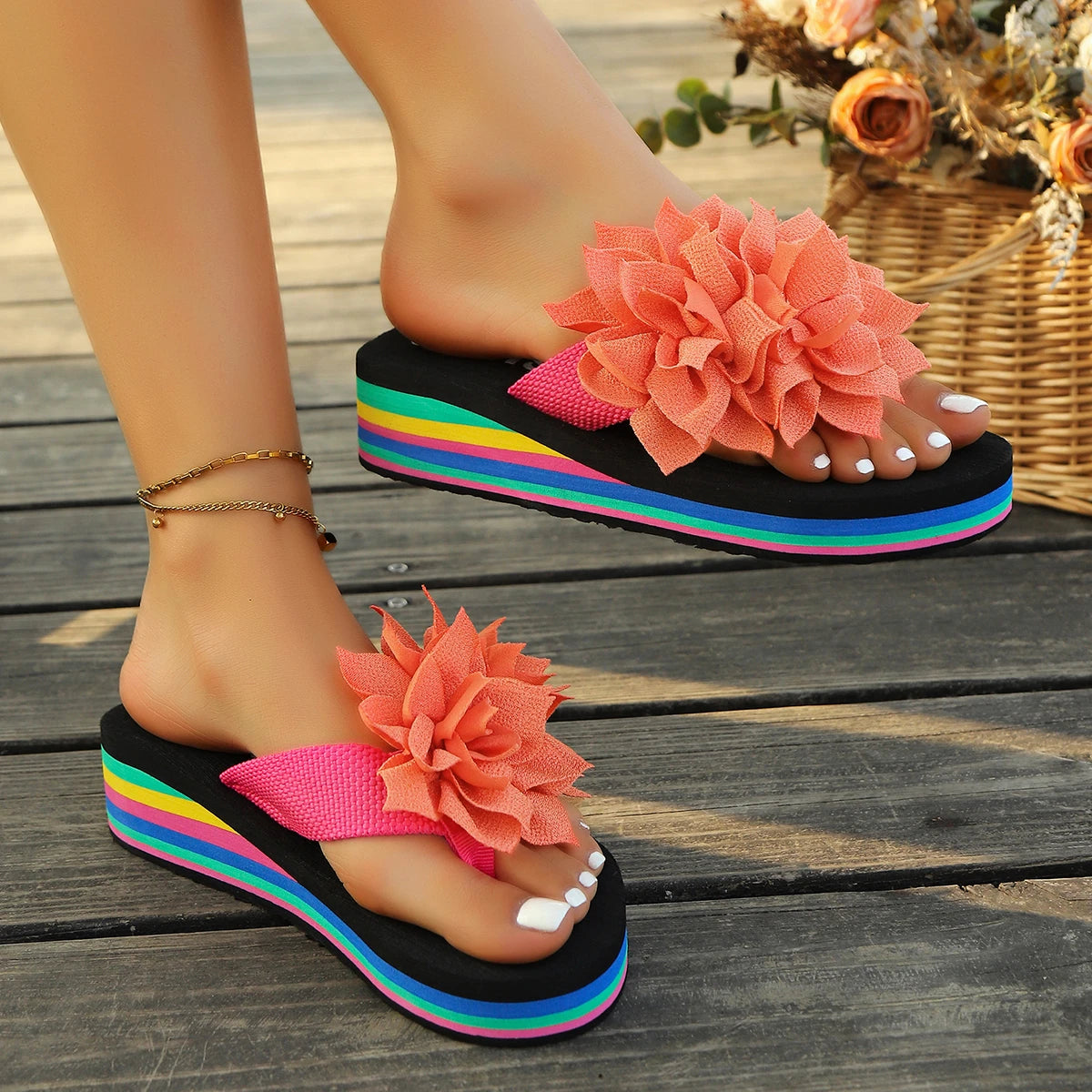 Big Flower Decor Wedge Flip Flops Women 2025 Summer Rainbow Thick Bottom Beach Slippers Woman Light Non Slip Platform Sandals