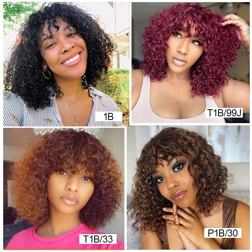 200% Density Jerry Curl Short Pixie Cut Bob Wig Ombre 1B/33 Brazilian Human Hair Wigs With Bang Natual Black Red 99J Remy Hair